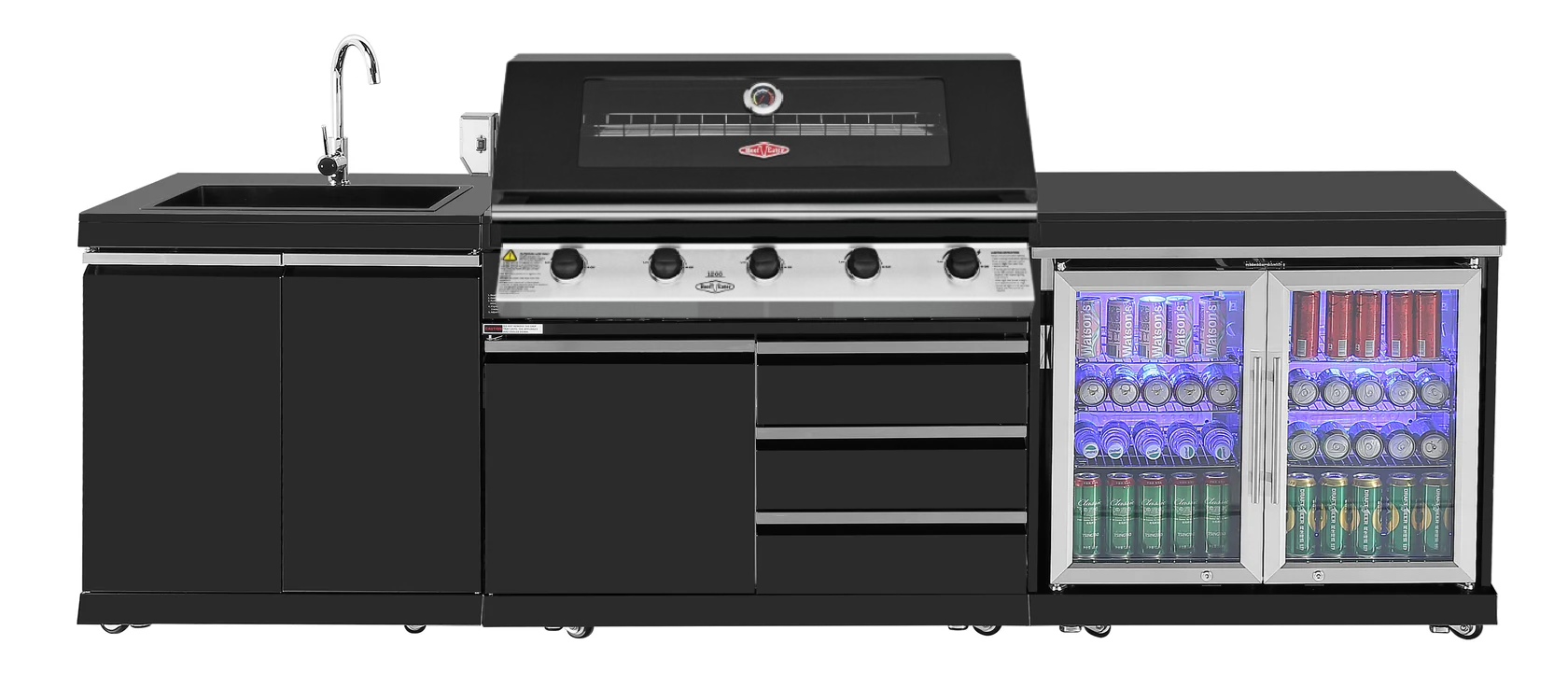 Black Stainless Steel BBQ Kitchen Suits Beef Eater 5 Burner 1200, Fridge And Sink Outdoor BBQ Kitchen Package