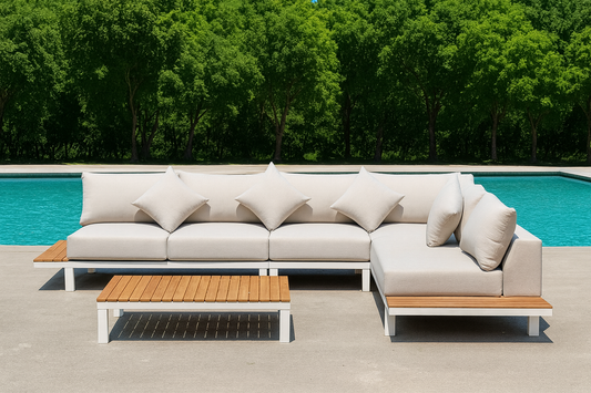 ARI Ralph White Hampton Corner Set - Outdoor Aluminium & Acacia Modular Corner Lounge White Aluminium Whether Resistant White Fabric White