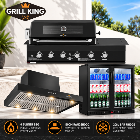 Grill King 4 Burner BBQ, 208L Bar Fridge & 120cm Rangehood Bundle – Black Stainless Steel