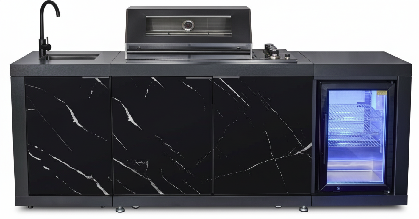 Compact Series Rockpool Summit Black 4B Drop In BBQ Inc sintered stone Benchtops, Aluminium Cabinets, Weather Resistant, Fridge & Sink