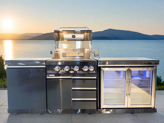 Kingsley 4 Burner Black 304 SS BBQ Kitchen + 2DR Fridge & 1DR Cupboard