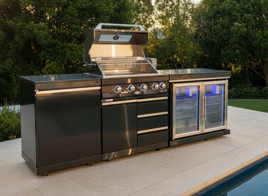 Kingsley 4 Burner Black 304 SS BBQ Kitchen + 2DR Fridge & 1DR Cupboard