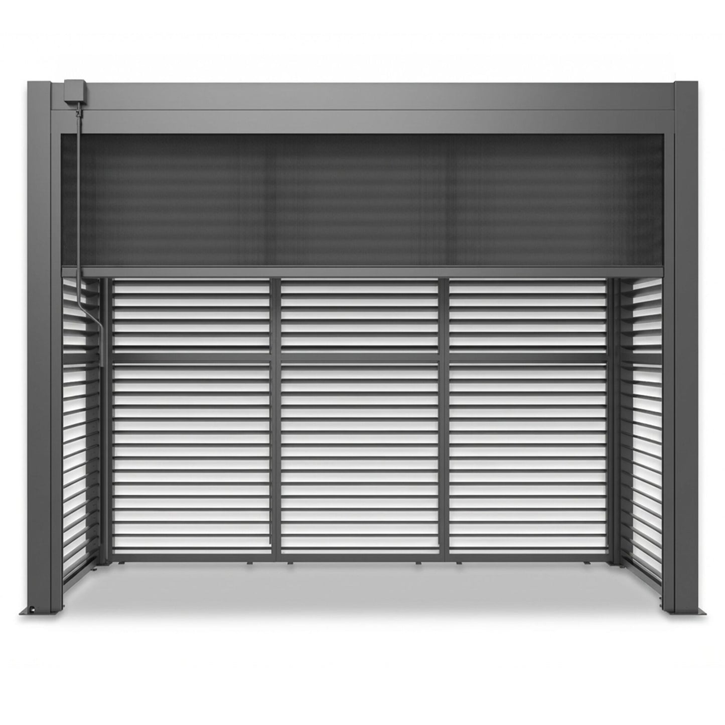 Grill King Outdoor BBQ Shelter Package – 6 Burner Charcoal BBQ Kitchen, Fridge & Sink + Freestanding Aluminium Louver Roof with LED Lighting & Privacy Blind