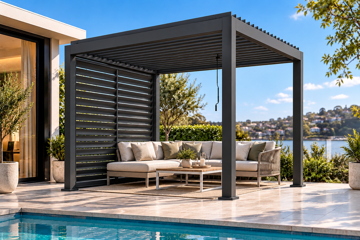 GazeboMate Louvered Gazebo + Aluminium Privacy Side Wall – Monument Charcoal