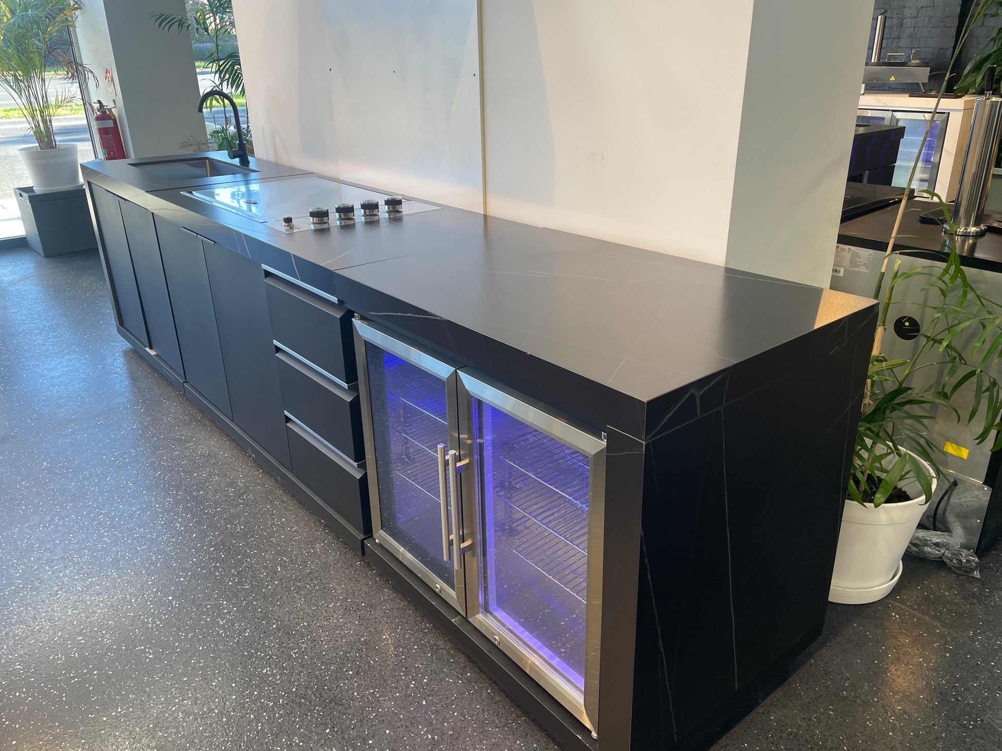 Floor Stock Rockpool Black 4B Drop In Flat Hood BBQ Kitchen Inc Sintered Stone Benchtops, Aluminium Cabinets, Fridge & Sink