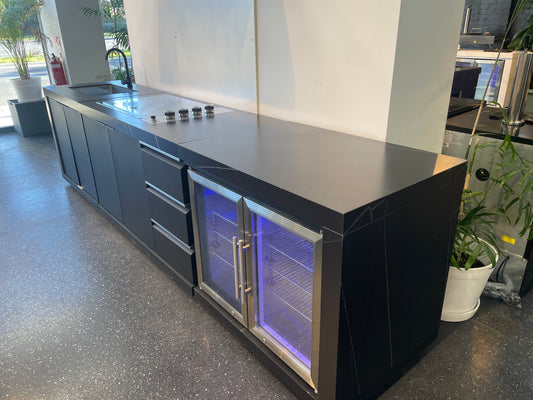 Floor Stock Rockpool Black 4B Drop In Flat Hood BBQ Kitchen Inc Sintered Stone Benchtops, Aluminium Cabinets, Fridge & Sink