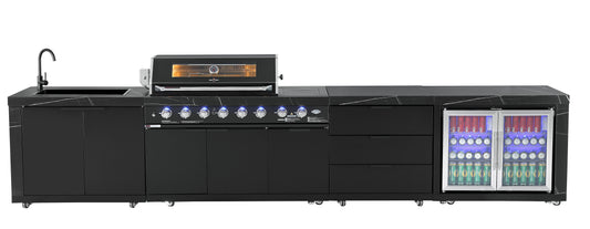 Rockpool Black Sintered Stone 6 Burner Outdoor Kitchen w/ Fridge, Sink and Storage Bundle