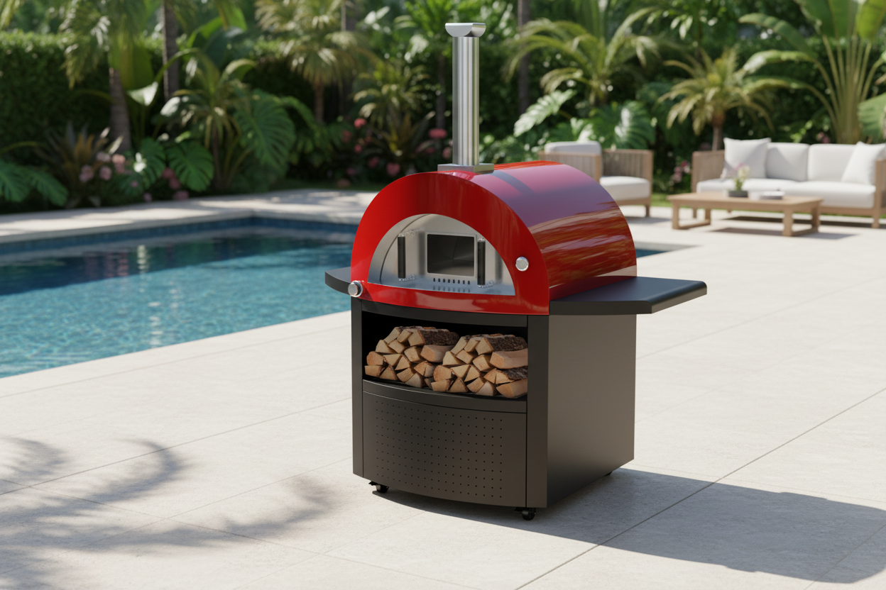 Grill King Hybrid Gas & Wood-fire 30” Pizza Oven, Heavy Duty Black Stainless Steel, Side & Front Bench