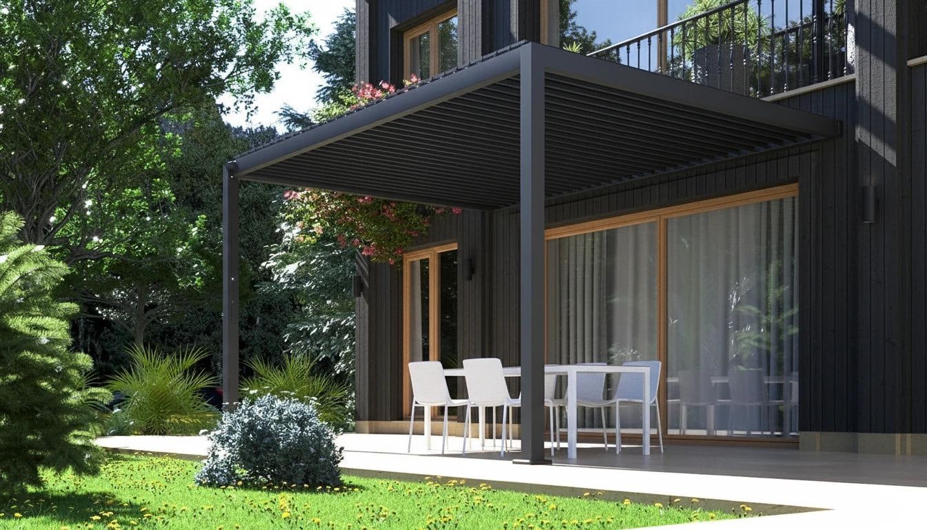 Wall Mounted 2.4x2.4M White Semi Permanent Louvred Gazebo Heavy Duty Wind Resistant