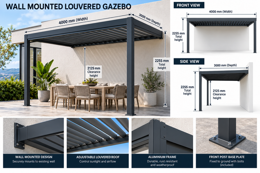 GazeboMate 3m × 4m Wall-Mounted Aluminium Louvered Pergola – Privacy Screen & Wall Options