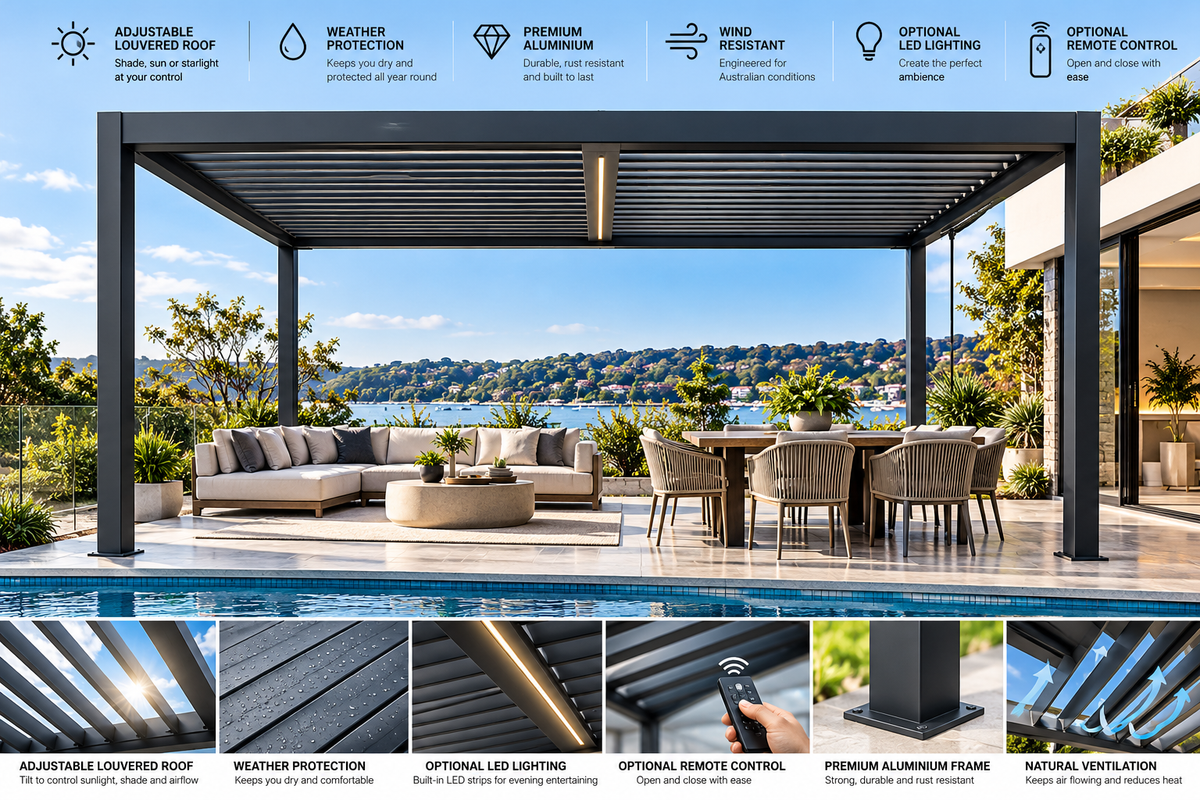GazeboMate 4m × 5m Monument Aluminium Louvered Gazebo + Retractable Privacy Screen Combo