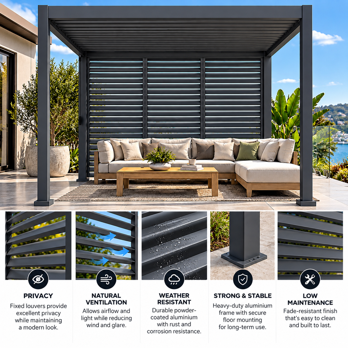GazeboMate Louvered Gazebo + Aluminium Privacy Side Wall – Monument Charcoal