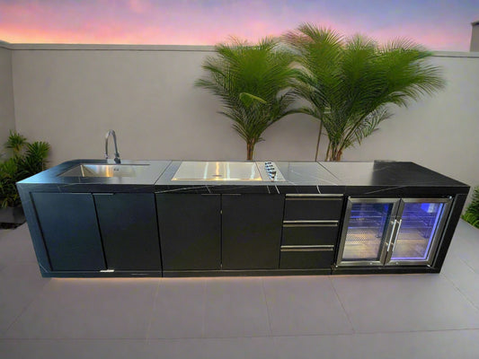 Floor Stock Rockpool Black 4B Drop In Flat Hood BBQ Kitchen Inc Sintered Stone Benchtops, Aluminium Cabinets, Fridge & Sink