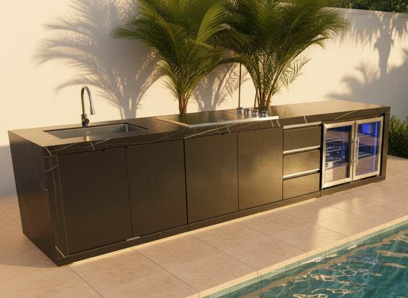 Floor Stock Rockpool Black 4B Drop In Flat Hood BBQ Kitchen Inc Sintered Stone Benchtops, Aluminium Cabinets, Fridge & Sink