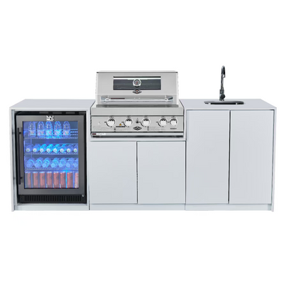 Grill King Signature Series 4 Burner Outdoor BBQ Kitchen Package – White Stone Bench-Top, White Aluminium Cabinets Inc Rotisserie + 150L Outdoor Fridge