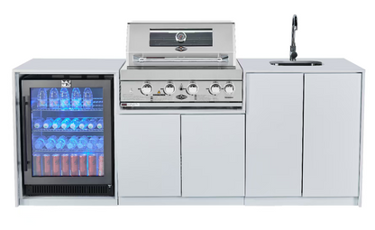 test rey 1 Grill King Signature Series Outdoor BBQ Kitchen Package – Rockpool White Stone Bench-Top, White Aluminium Cabinets | 4-Burner Built-In BBQ + Rotisserie + 150L Outdoor Fridge