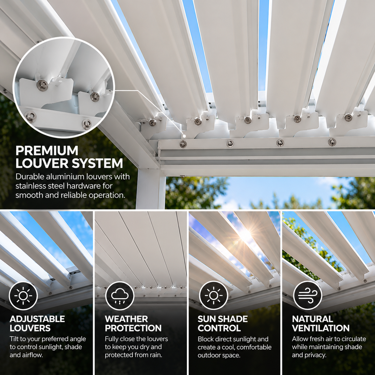GazeboMate 3m x 4m White Aluminium Louvered Gazebo + Adjustable Privacy Wall Combo