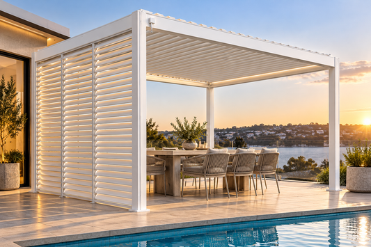 GazeboMate 3M x 4M White Aluminium Louvered Gazebo + Adjustable Privacy Wall Combo
