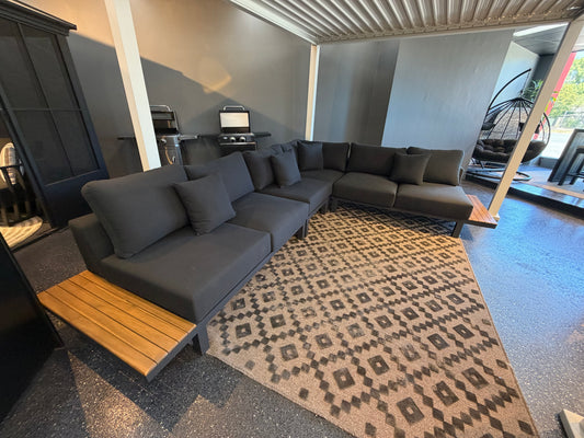 Floor Stock ARI Ralph White Hampton Corner Set - Outdoor Aluminium & Acacia Modular Corner Lounge White Aluminium Whether Resistant White Fabric White