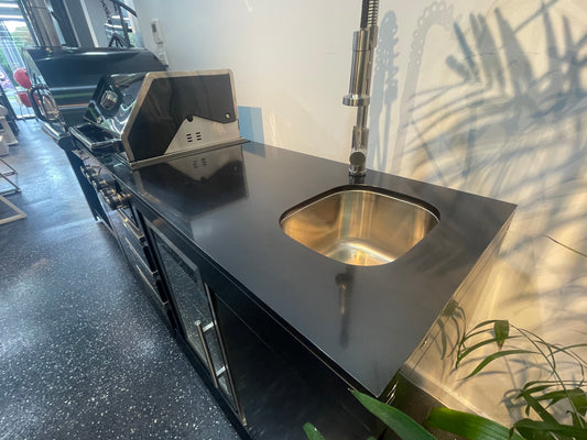 Floor Stock Black 304SS 4 Burner BBQ Kitchen + Fridge & Sink Combo + 30" Woodfire Pizza Oven