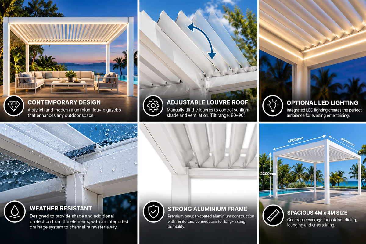 GazeboMate 3.6m × 7.2m Aluminium Louvered Gazebo + Retractable Privacy Screen – White