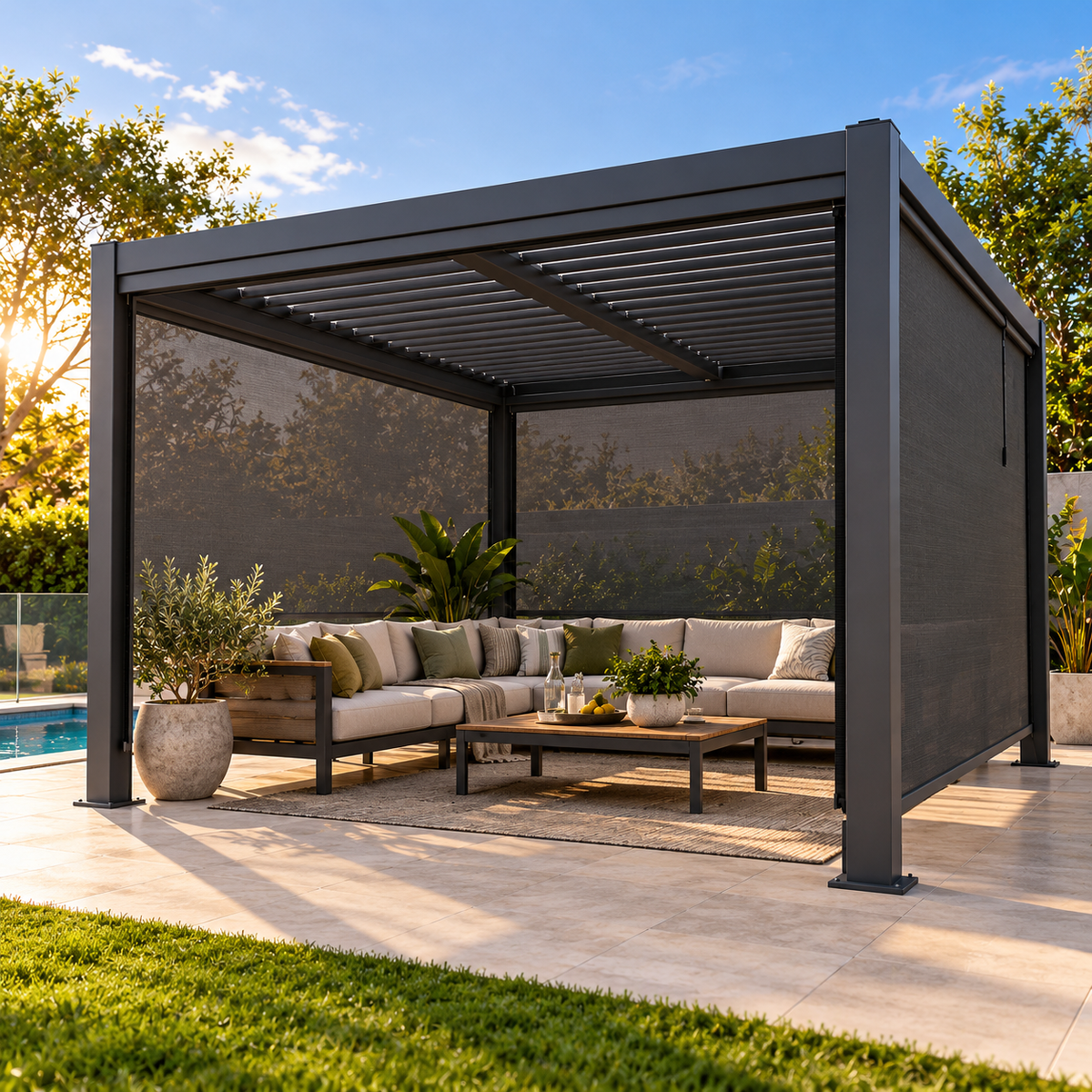 GazeboMate Aluminium Louvered Gazebo with Privacy Wall – Monument