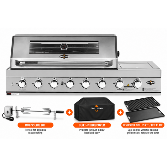 6 Burner Built In BBQ With Side Wok & Rear Infrared Burner | 304 Stainless Steel, Blue LED Knobs