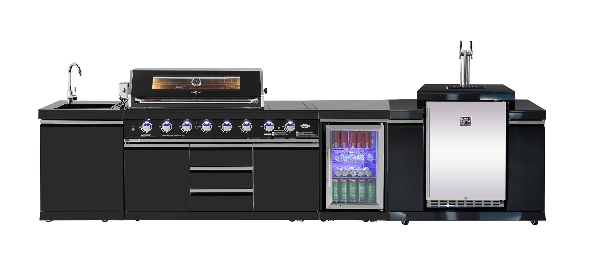 Kingsley 6-Burner Outdoor BBQ Kitchen + 188L Kegerator : Black Stainless Steel, Stone Bench, Fridge, Sink, Height Adjustable, Rotisserie with BBQ Cover