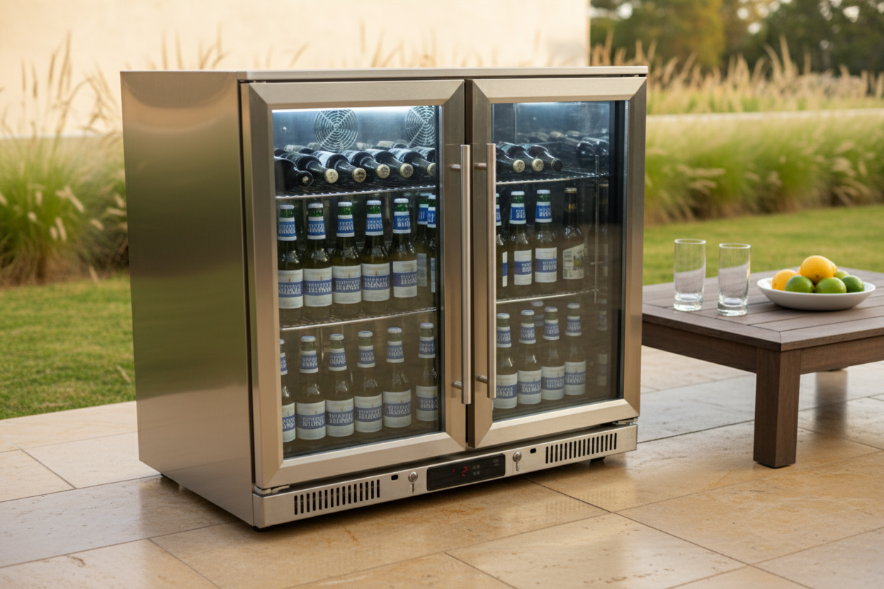 Tropical Rated Triple Glazed 304 SS 2-Door Stainless Steel Under Counter Can Cooler Wine Bar Fridge 208L