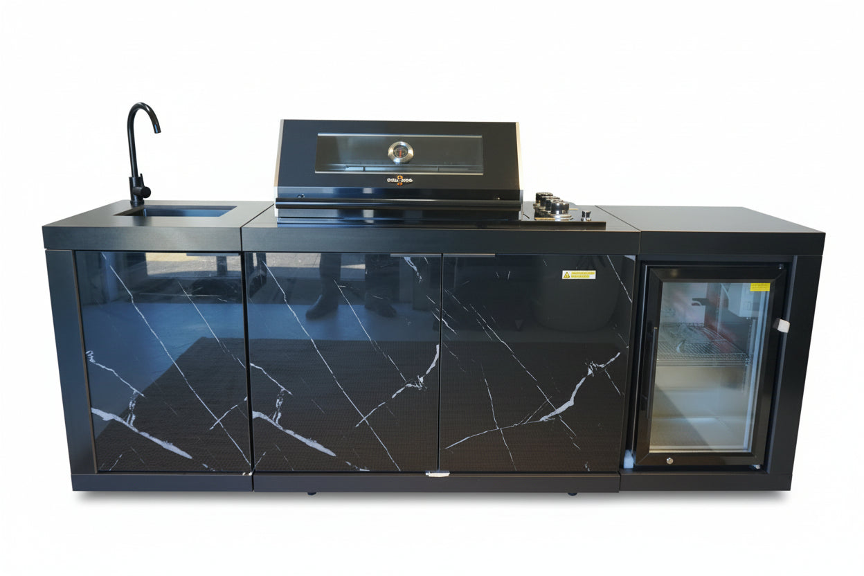 Compact Series Rockpool Summit Black 4B Drop In BBQ Inc sintered stone Benchtops, Aluminium Cabinets, Weather Resistant, Fridge & Sink