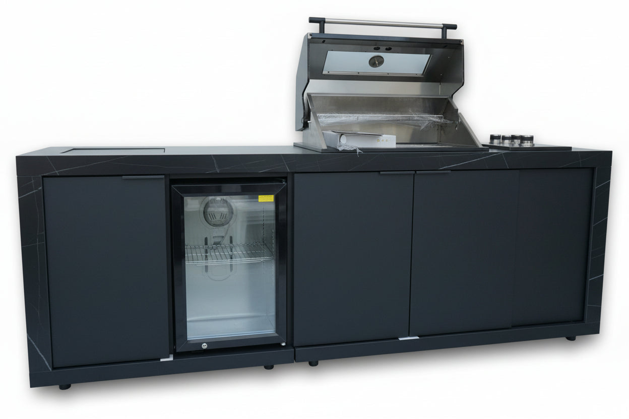 Grill Kings Rockpool Compact 2.1m Outdoor BBQ Kitchen – 4-Burner Grill, Sintered Stone Benchtop, Sink & Fridge