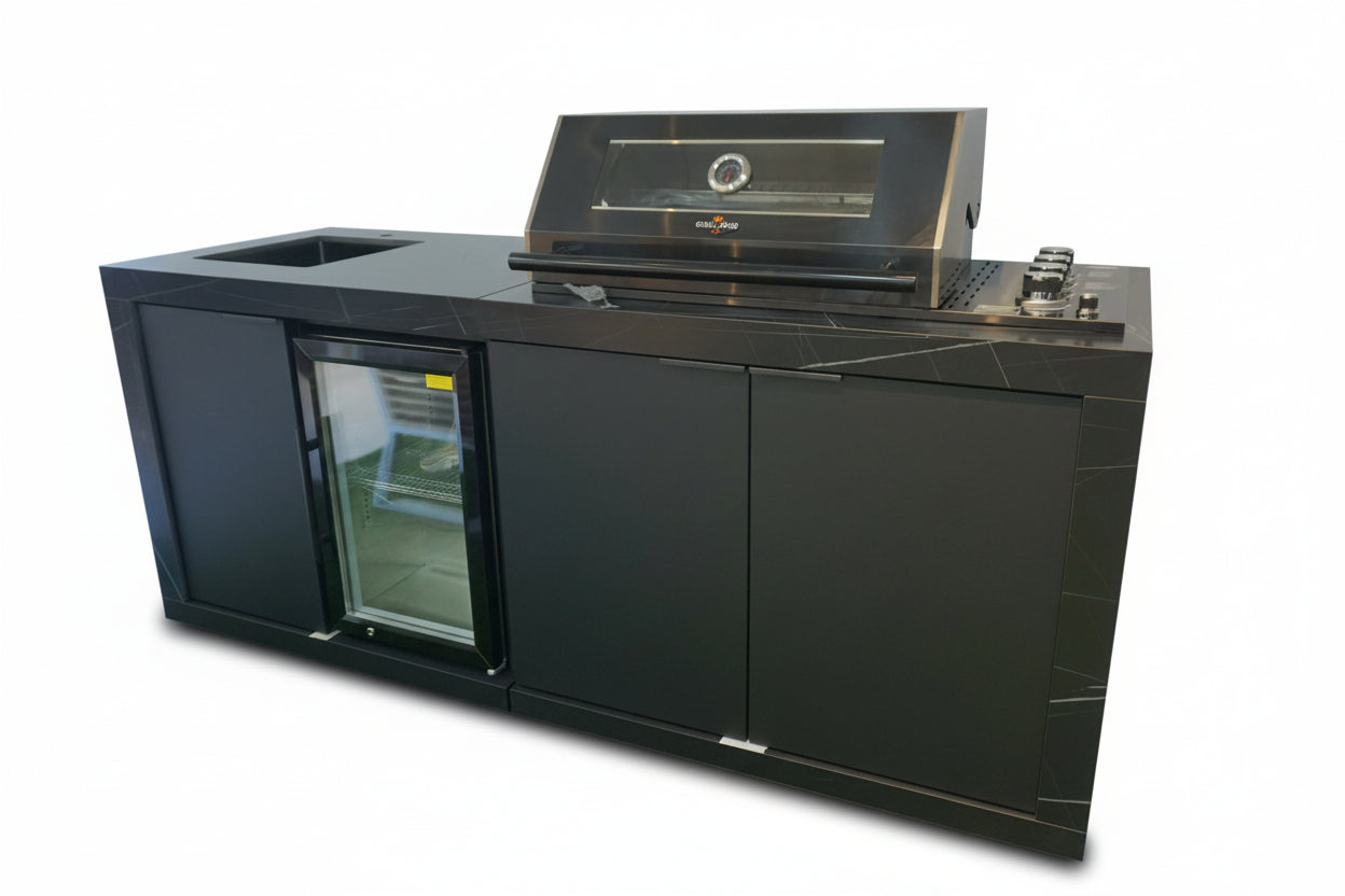 Grill Kings Rockpool Compact 2.1m Outdoor BBQ Kitchen – 4-Burner Grill, Sintered Stone Benchtop, Sink & Fridge