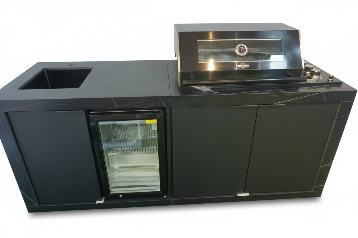 Grill Kings Rockpool Compact 2.1m Outdoor BBQ Kitchen – 4-Burner Grill, Sintered Stone Benchtop, Sink & Fridge