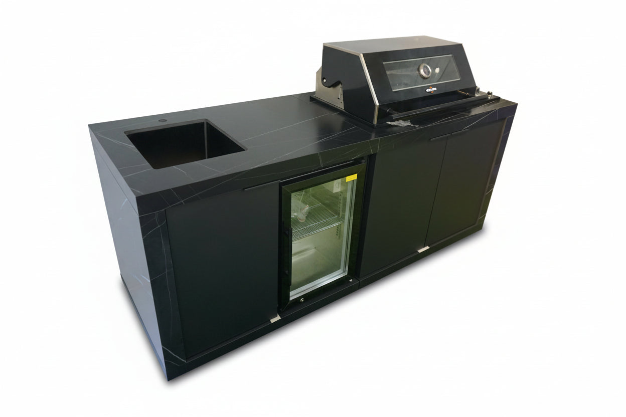 Grill Kings Rockpool Compact 2.1m Outdoor BBQ Kitchen – 4-Burner Grill, Sintered Stone Benchtop, Sink & Fridge