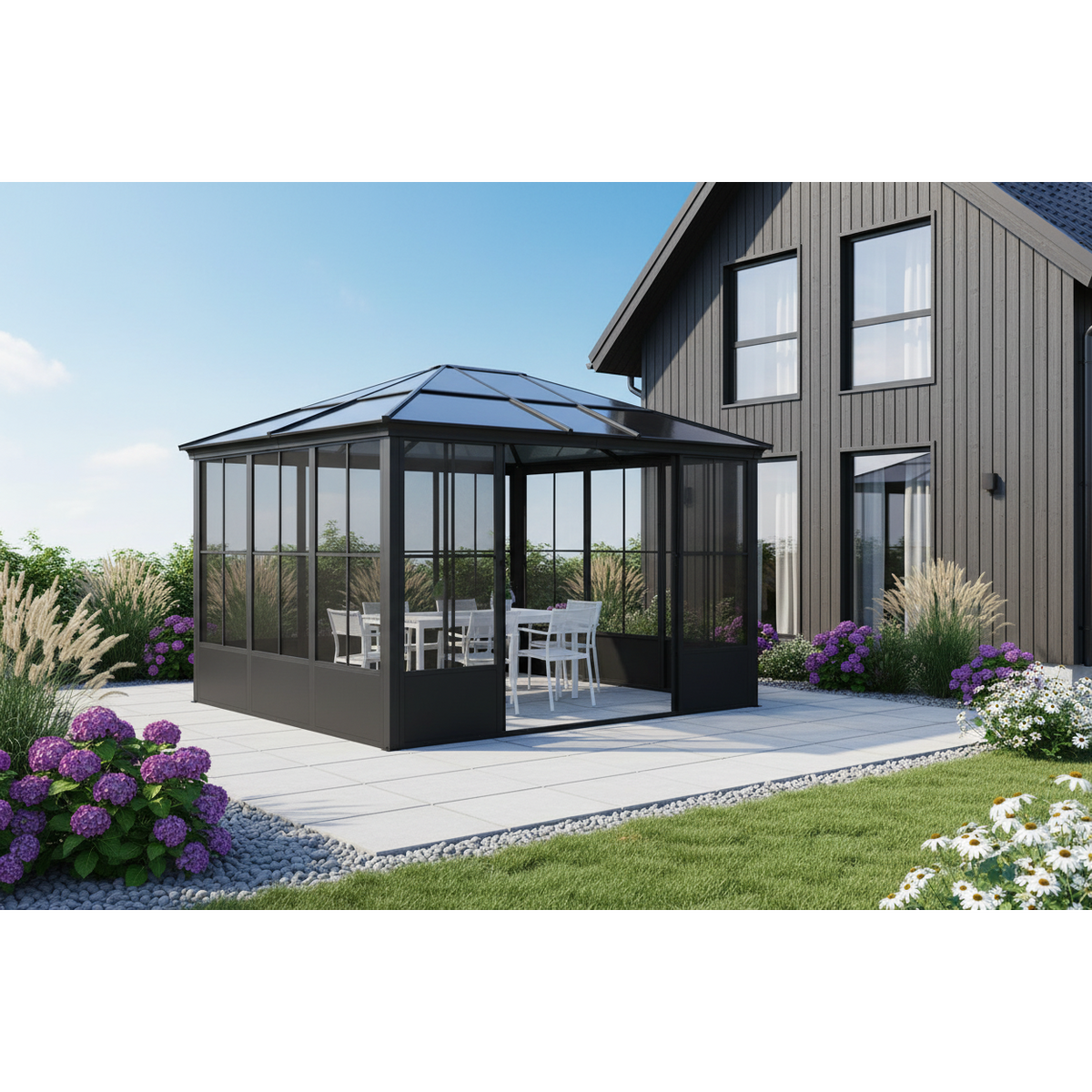 GazeboMate Elite 3m × 3.65m Aluminium Garden Sunroom – Black | Polycarbonate Roof