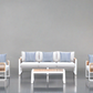 Morlaix 4 Piece Hampton Style Designer Outdoor Lounge Set: White Aluminium, Acacia Wood, Table & Cushions