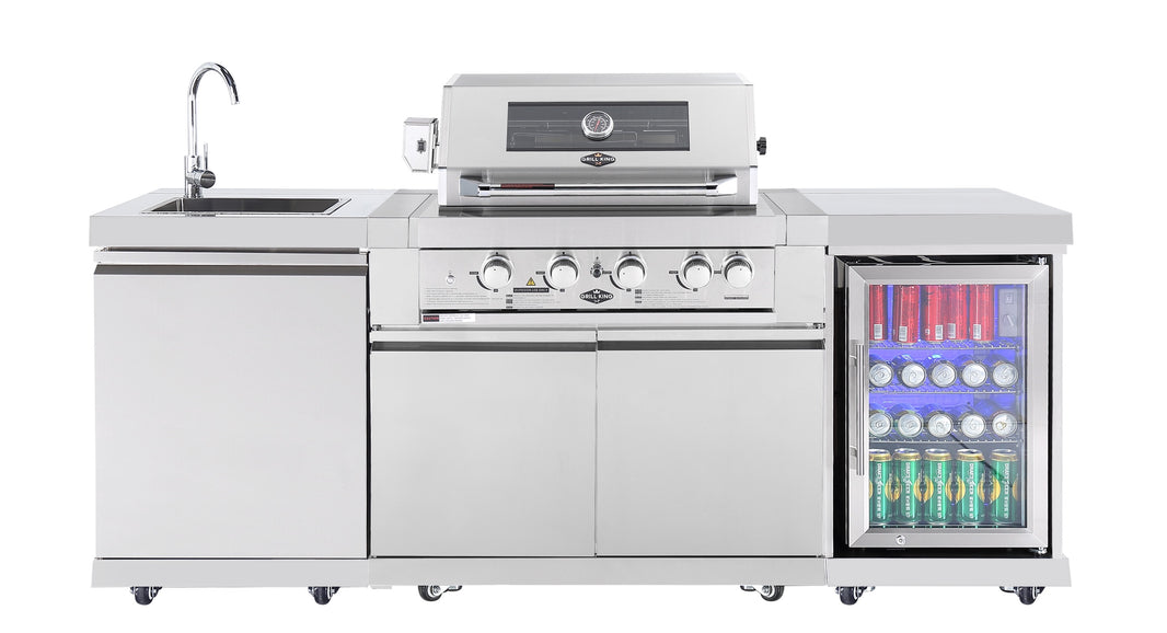 Stainless Steel 4B Built In BBQ Package in Rockpool White Inc Fridge, Sink, Height Adjustable Legs, Castors, Rear Infrared Burner
