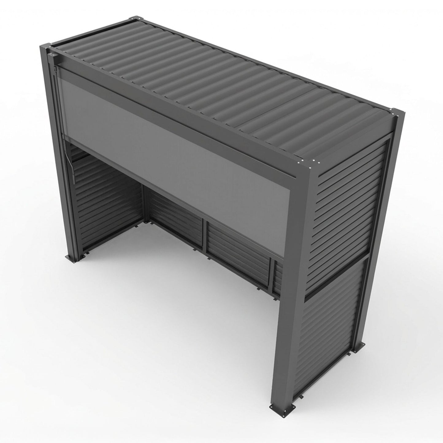Grill King Outdoor BBQ Shelter Package – 6 Burner Charcoal BBQ Kitchen, Fridge & Sink + Freestanding Aluminium Louver Roof with LED Lighting & Privacy Blind