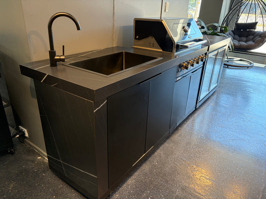 Floor Stock Rockpool Black 4B BBQ Kitchen Inc Inc Sintered Stone Benchtops, Aluminium Cabinets, Fridge & Sink