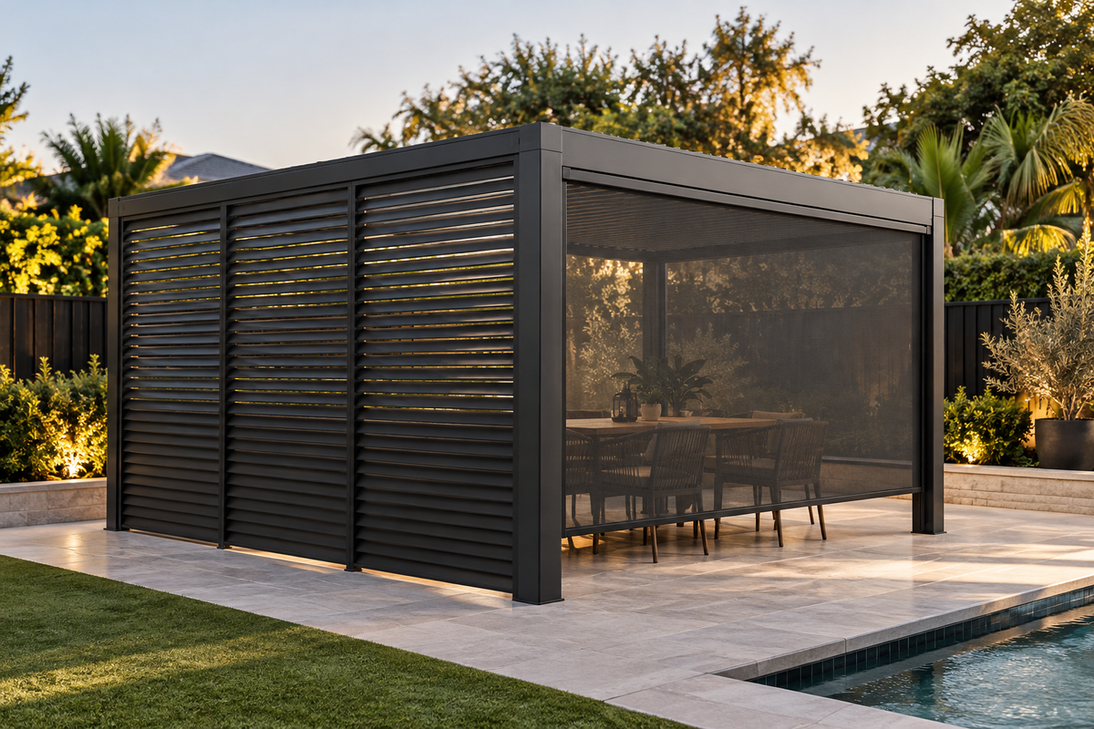 GazeboMate Louvered Gazebo + Aluminium Privacy Side Wall – Monument Charcoal