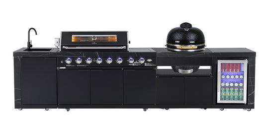 Rockpool Black 6B + 23” Kamado Smoker : Designer Outdoor Kitchen BBQ Package Inc Wok Burner, Fridge, Sink, Rotisserie & BBQ Covers