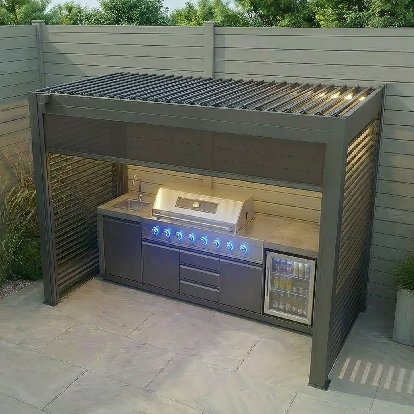 Grill King Outdoor BBQ Shelter Package – 6 Burner Charcoal BBQ Kitchen, Fridge & Sink + Freestanding Aluminium Louver Roof with LED Lighting & Privacy Blind