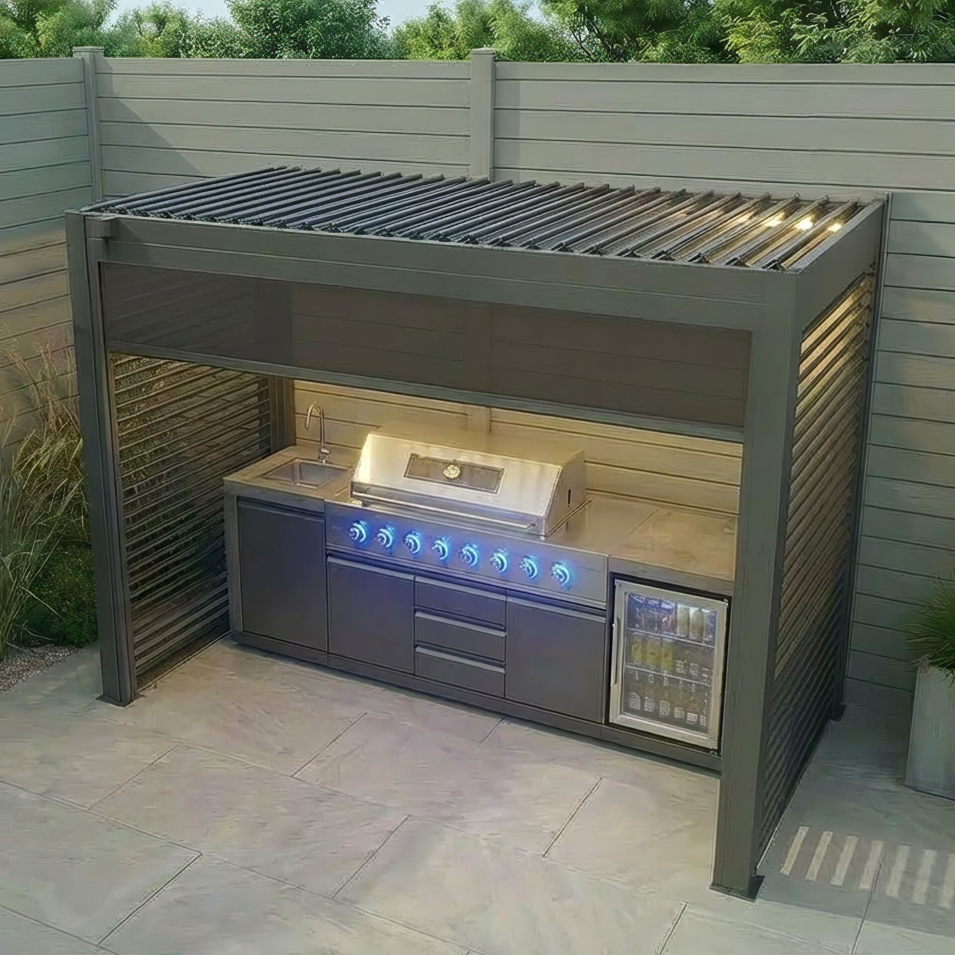 Grill King Outdoor BBQ Shelter Package – 6 Burner Charcoal BBQ Kitchen, Fridge & Sink + Freestanding Aluminium Louver Roof with LED Lighting & Privacy Blind
