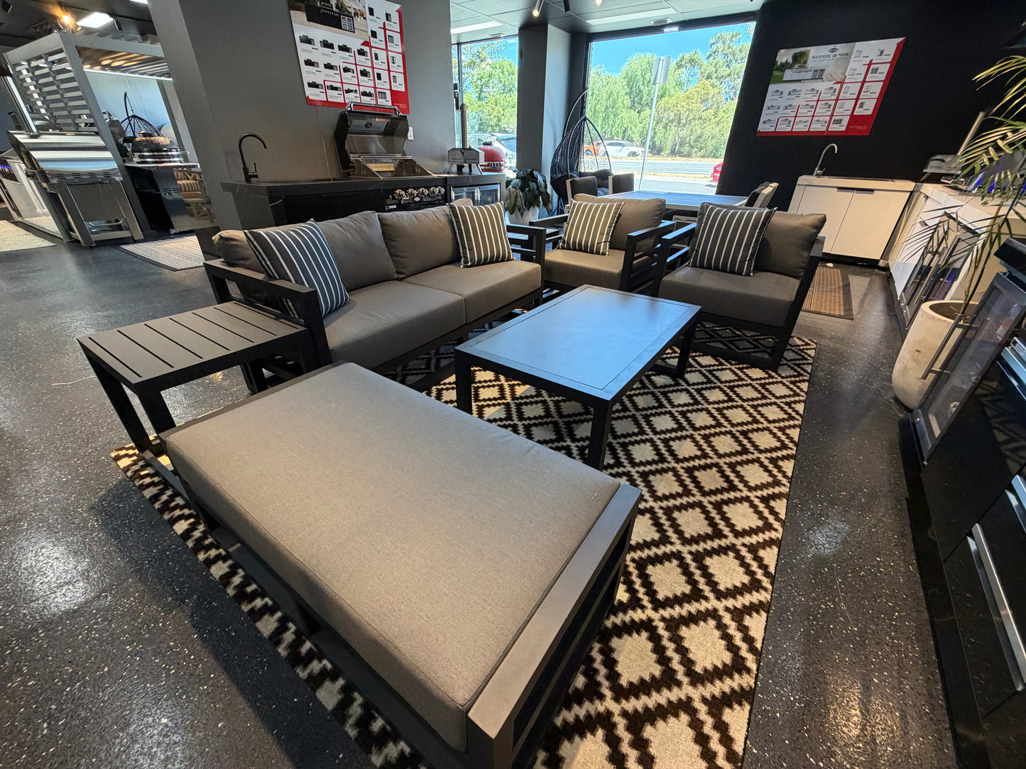 Floor Stock Black Maximus Aluminium Outdoor 4 Piece Lounge Set | Black Aluminium + Cusions