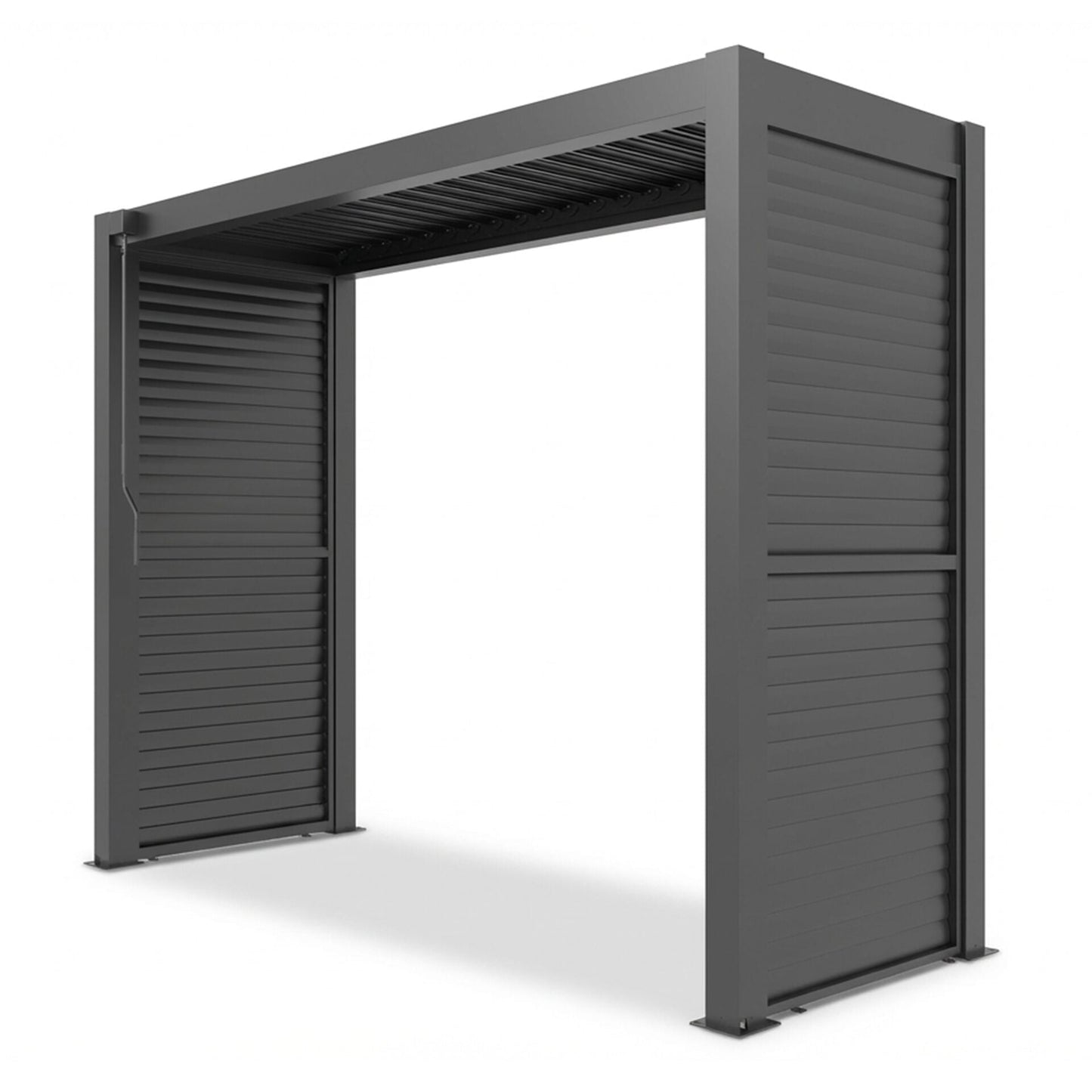 Grill King Outdoor BBQ Shelter Package – 6 Burner Charcoal BBQ Kitchen, Fridge & Sink + Freestanding Aluminium Louver Roof with LED Lighting & Privacy Blind
