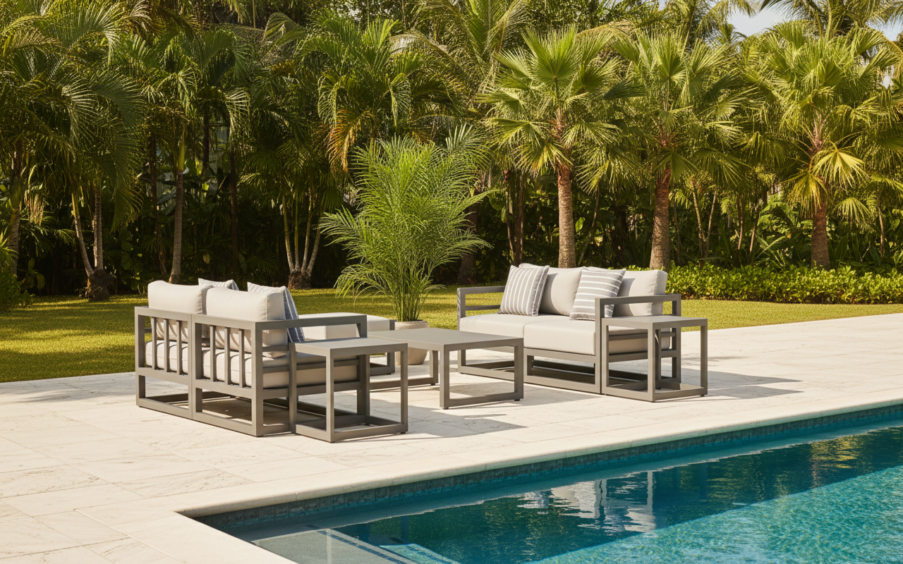 7 Piece Charcoal Aluminium Hampton Style Outdoor Furniture Lounge Set Weather Resistant 3 Seater, 1+1 + Coffee Table & 2x Side tables