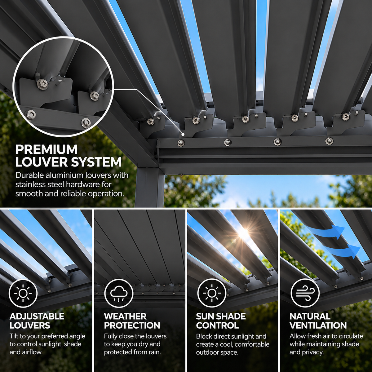 GazeboMate 3m × 6m Monument Aluminium Louvered Gazebo – Adjustable Roof Pergola