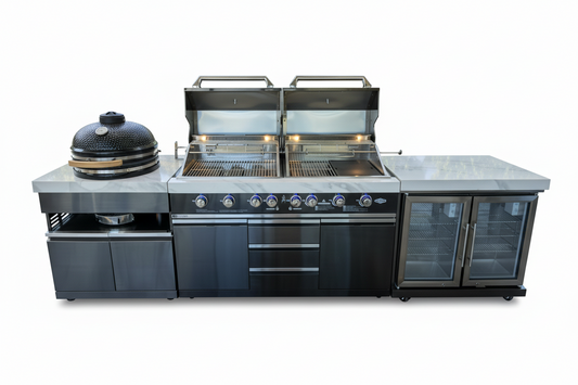 Floor Stock Element Twin-Hood Outdoor BBQ Kitchen with Kamado Smoker, Fridge, Sink, Rotisserie