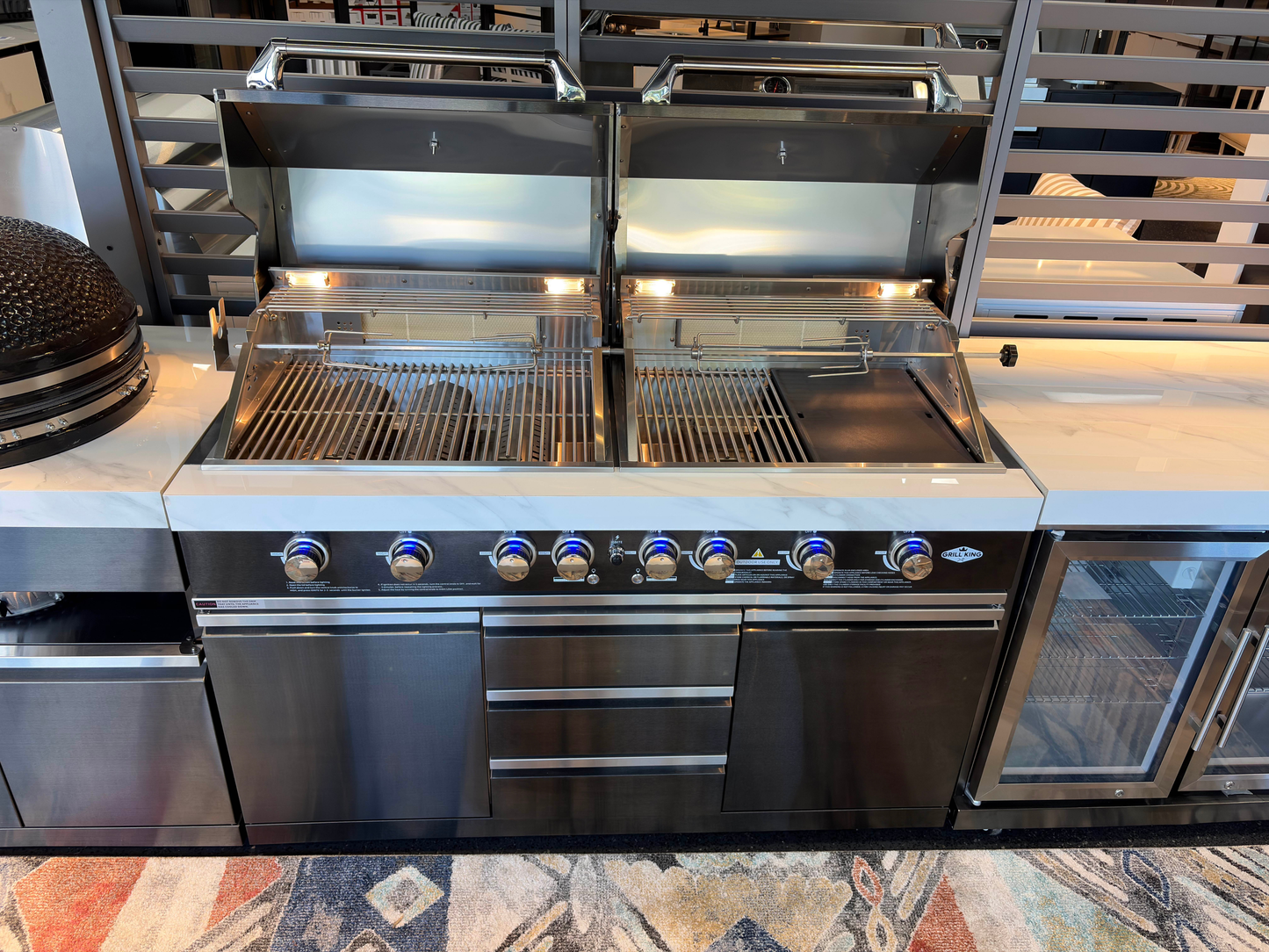 Floor Stock Element Twin-Hood Outdoor BBQ Kitchen with Kamado Smoker, Fridge, Sink, Rotisserie