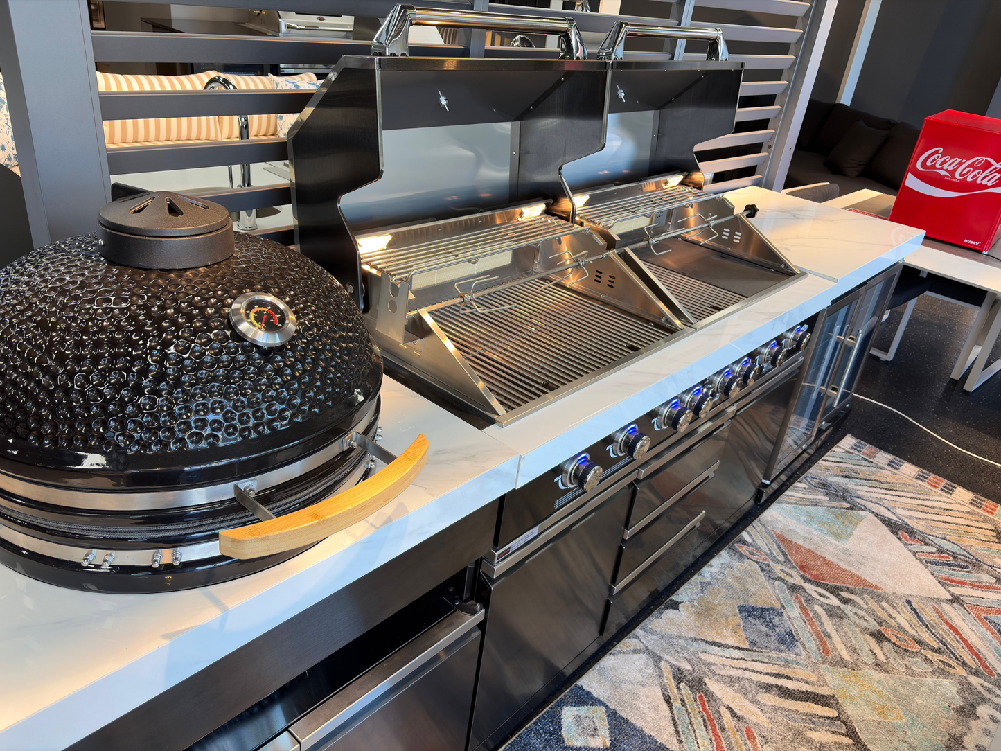 Floor Stock Element Twin-Hood Outdoor BBQ Kitchen with Kamado Smoker, Fridge, Sink, Rotisserie